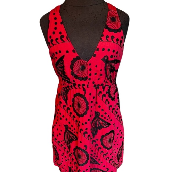 Anthropologie La La Lame Red Embroidered Cotton Dress with Birds Pockets Small - Picture 1 of 9